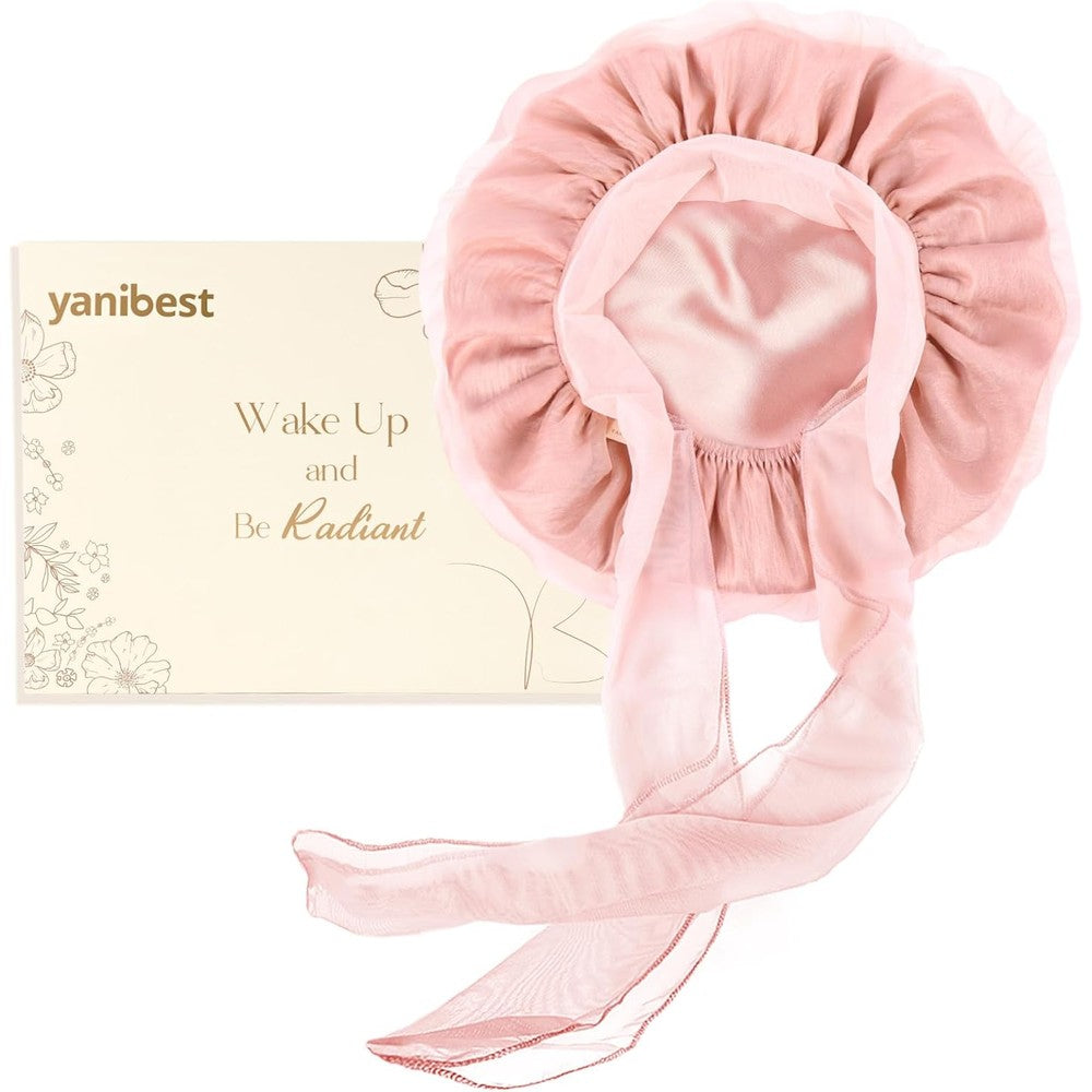 YANIBEST Breathable Soft Silk Bonnet for Sleeping front view showing pink ruffle edge design