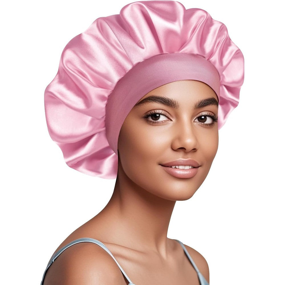 Doitory satin silk bonnet for sleeping in pink front view showing wide elastic band.