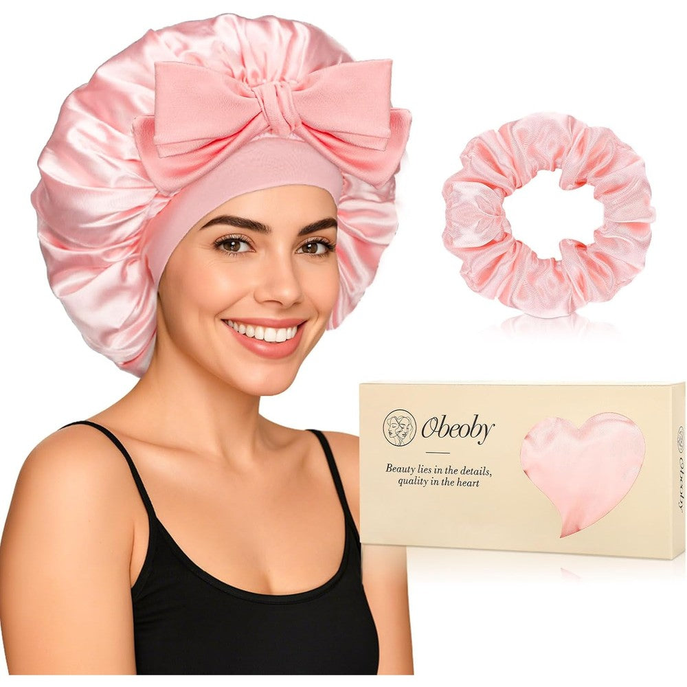 Obeoby double layer satin silk sleep bonnet in pink front view showing the wide adjustable tie band