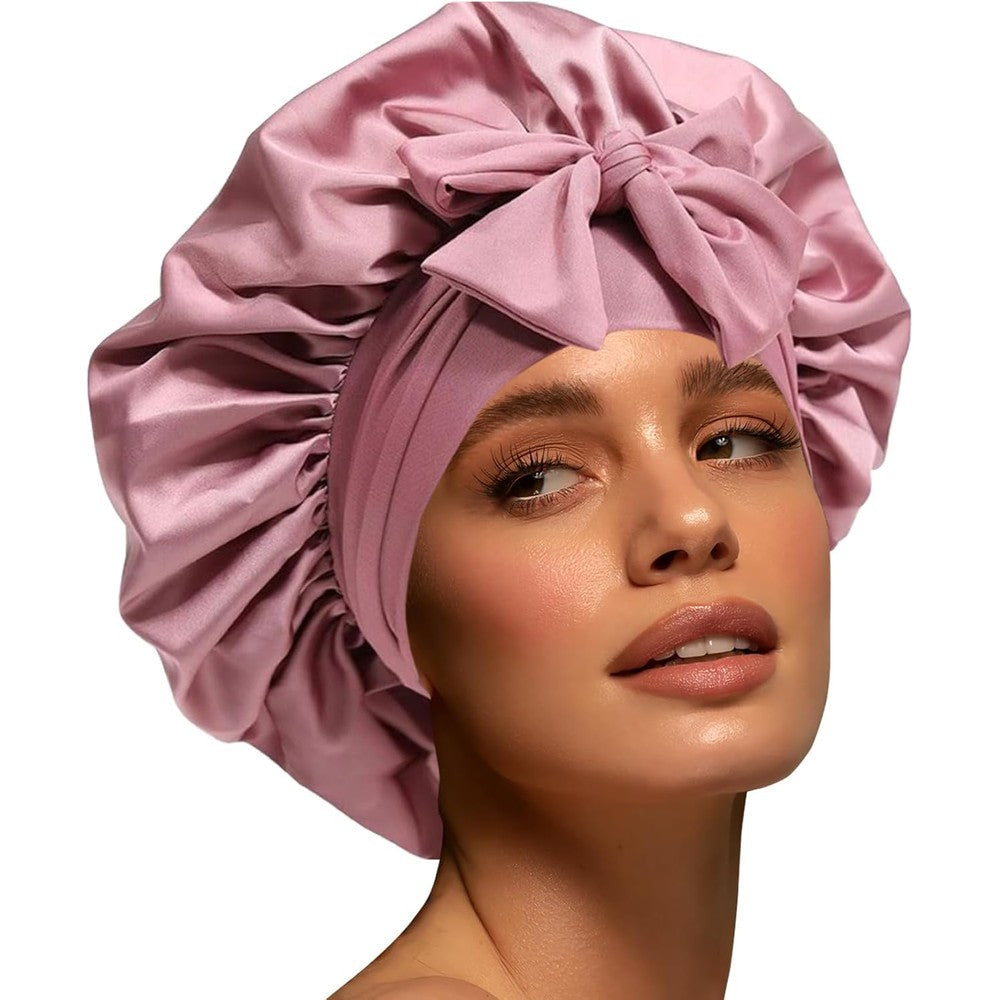 Confvrter silk satin bonnet for women pink front view showing wide elastic band