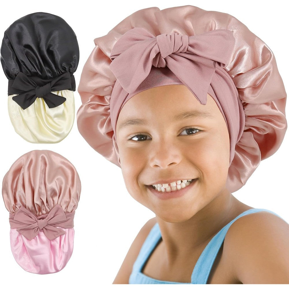SAYMRE kids double layer satin sleep bonnet pack in pink and black front view showcasing the soft wide adjustable tie band