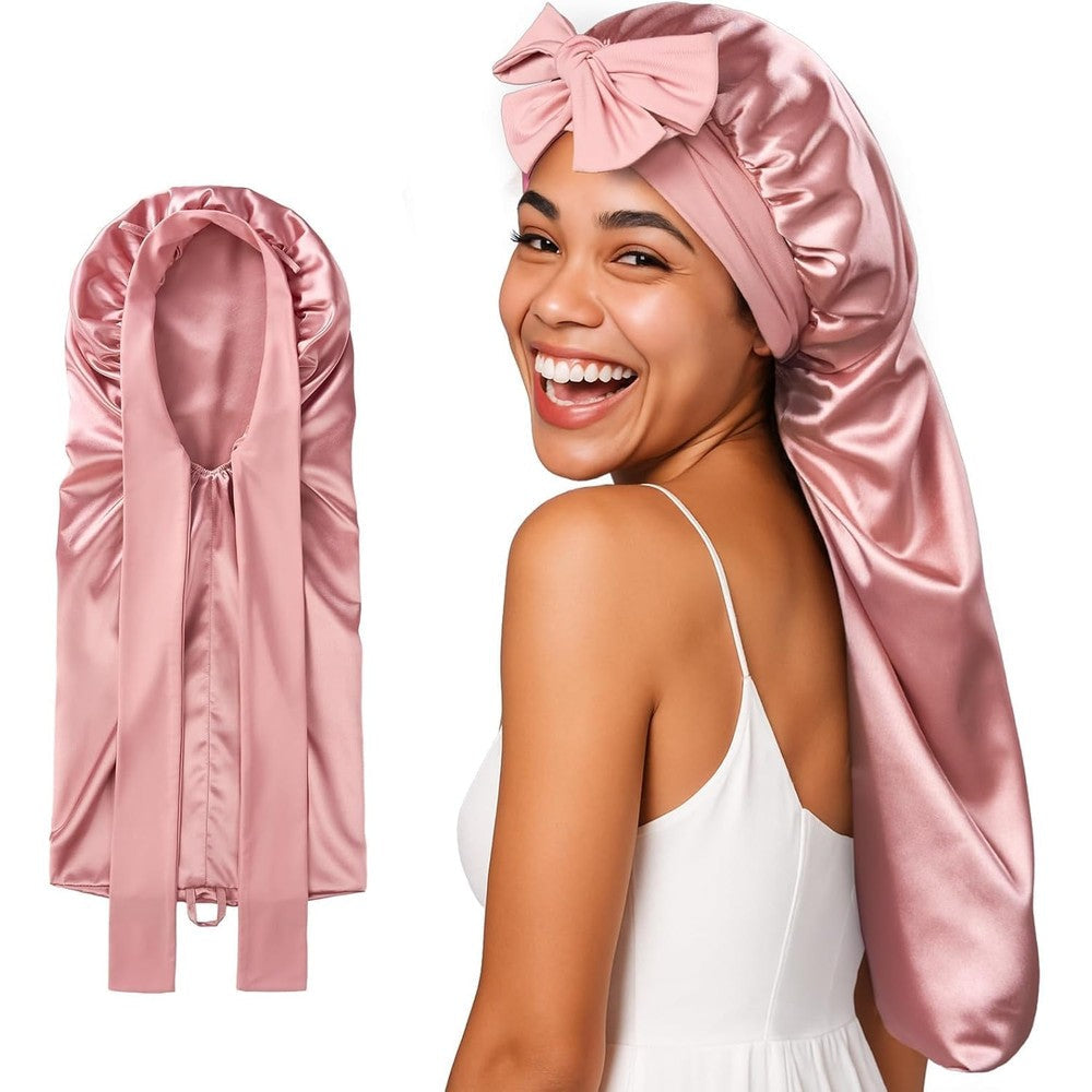 Umisleep mulberry silk bonnet front view showing pink color and adjustable tie band.