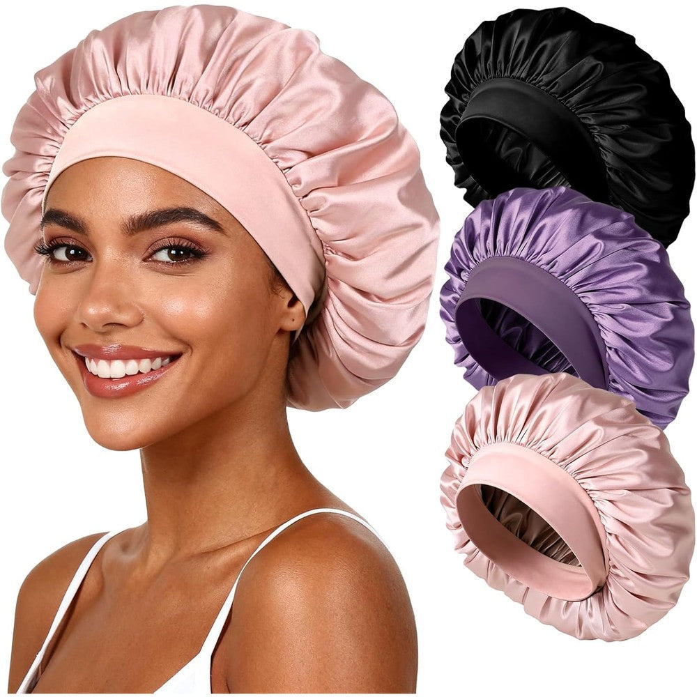 WJing Yi Jia satin bonnet front view showing the comfortable wide elastic band for curly hair protection.