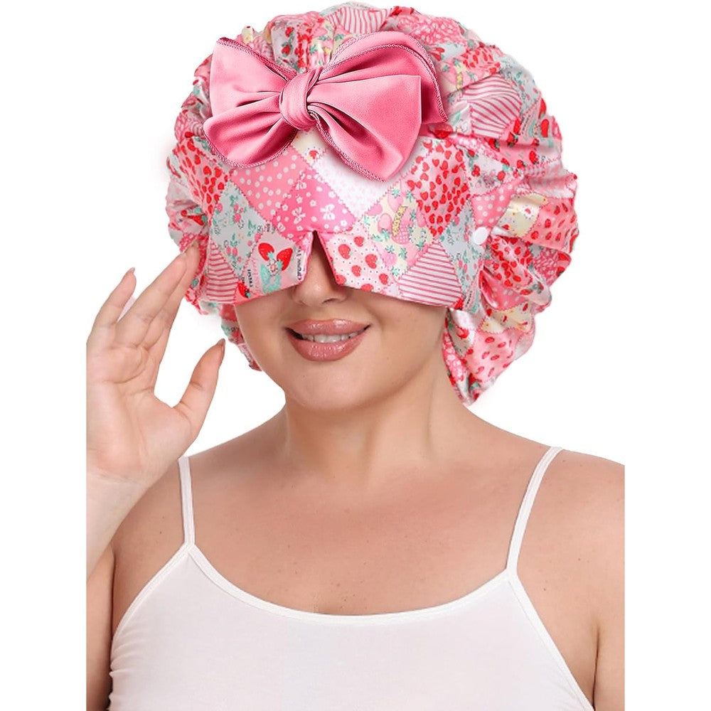 Vettres double layer satin bonnet showing front view of the floral pink sleep cap with tie ribbon.