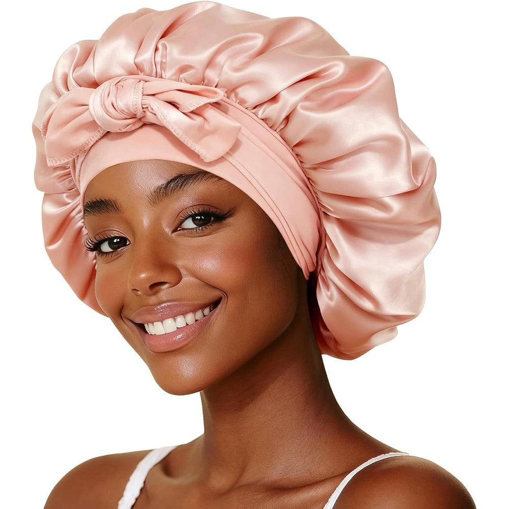 LEADUWAY silk satin hair bonnet front view featuring pink strawberry print design for curly hair protection