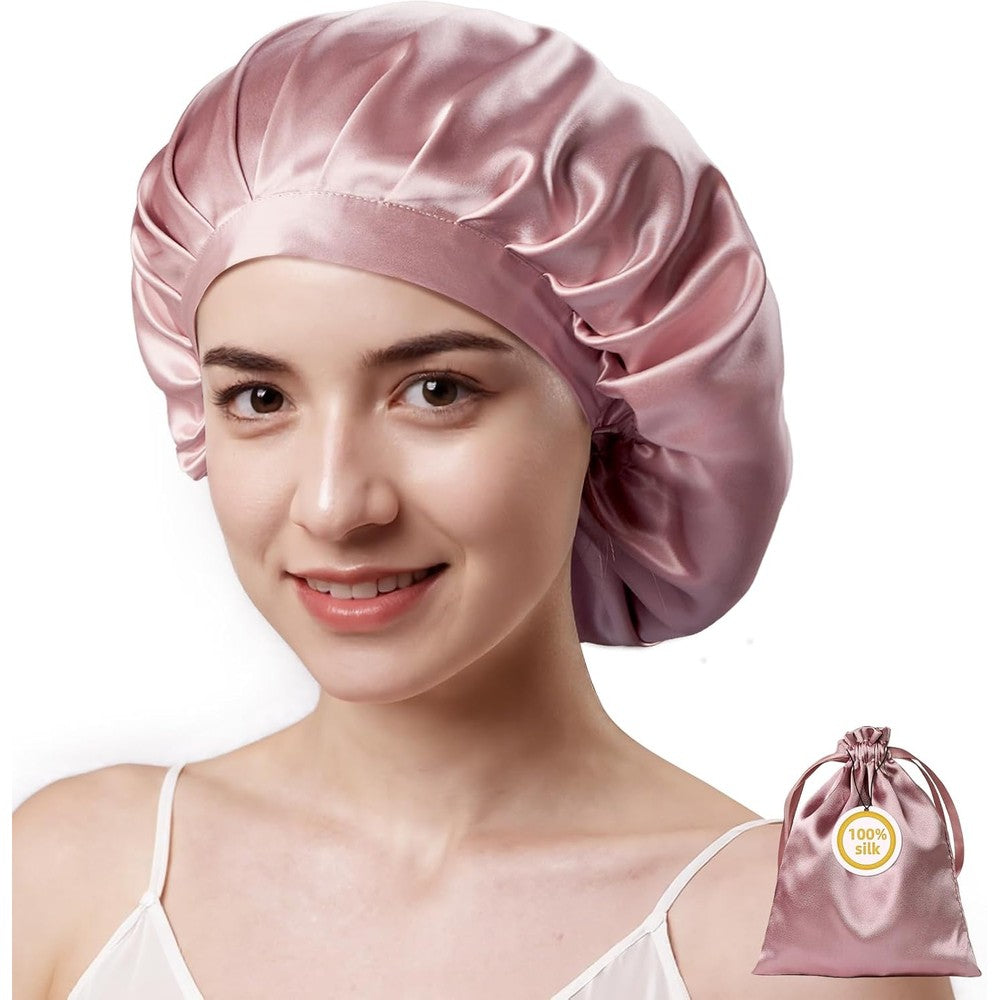Kaome 100% mulberry silk bonnet pink color front view for hair protection