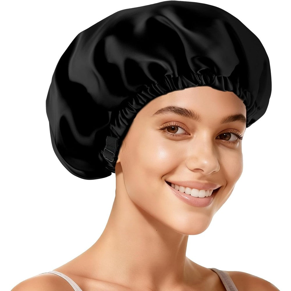 Hat Hut adjustable double layer satin hair bonnet front view on model for curly hair care