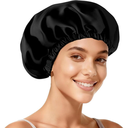 Hat Hut adjustable double layer satin hair bonnet front view on model for curly hair care