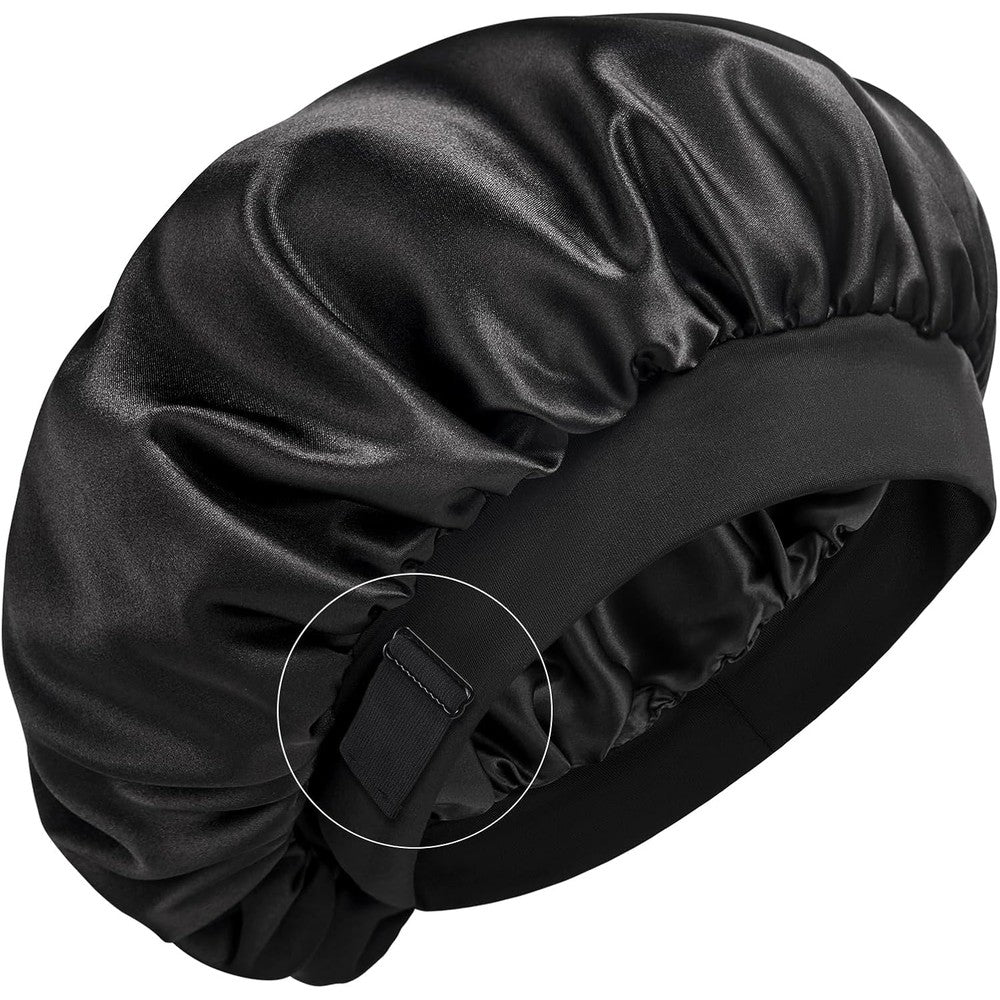 YFONG real mulberry silk bonnet front view in black for curly hair protection.