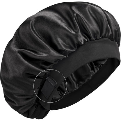 YFONG real mulberry silk bonnet front view in black for curly hair protection.