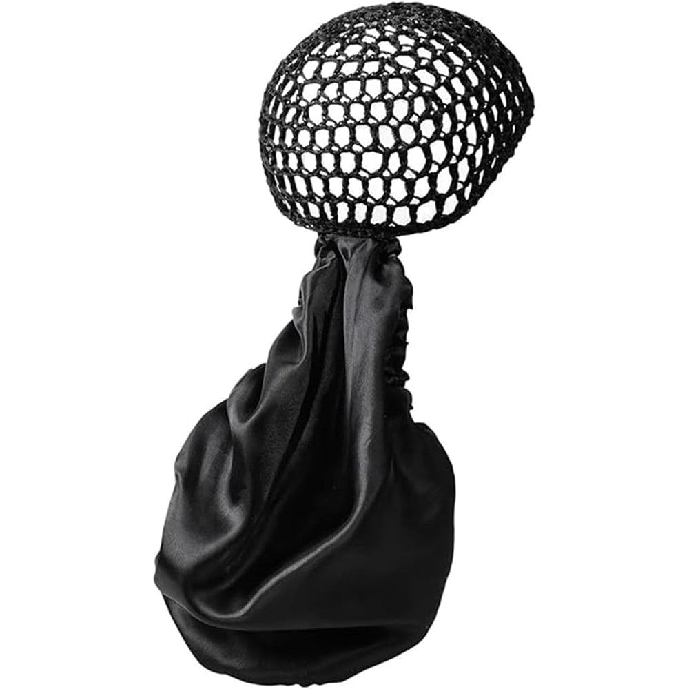 Vihaanta 2 in 1 wrap cap bonnet front view showing black satin material and adjustable tie band for curly hair care