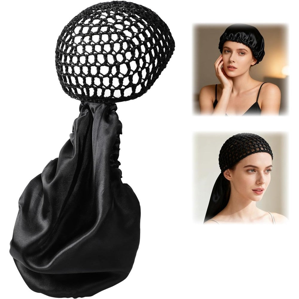 Vihaanta 2 in 1 wrap cap bonnet front view showing the black adjustable tie band for hair protection.