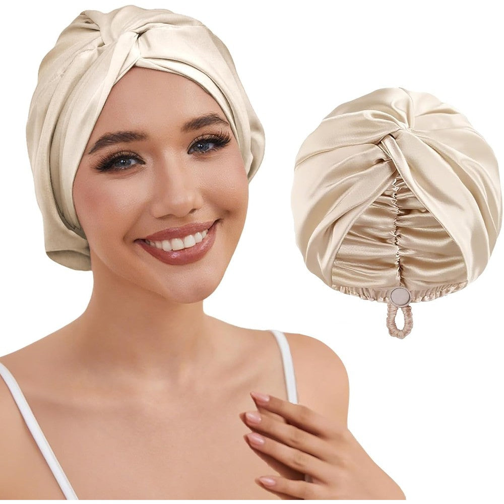 HFRHTGY adjustable silk satin hair bonnet front view champagne color luxury sleeping cap