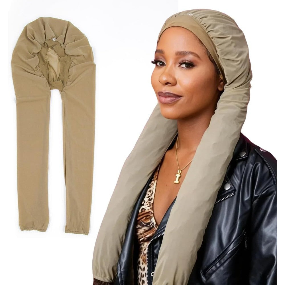 MsFan Pantyhose Bonnet for Braids front view on a model showing the tan stretch nylon hair protection cap