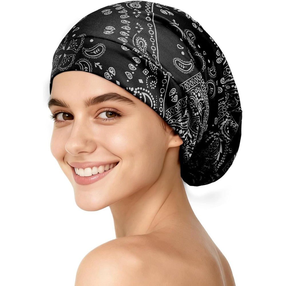 YFONG mulberry silk hair bonnet front view showing the black paisley print outer layer