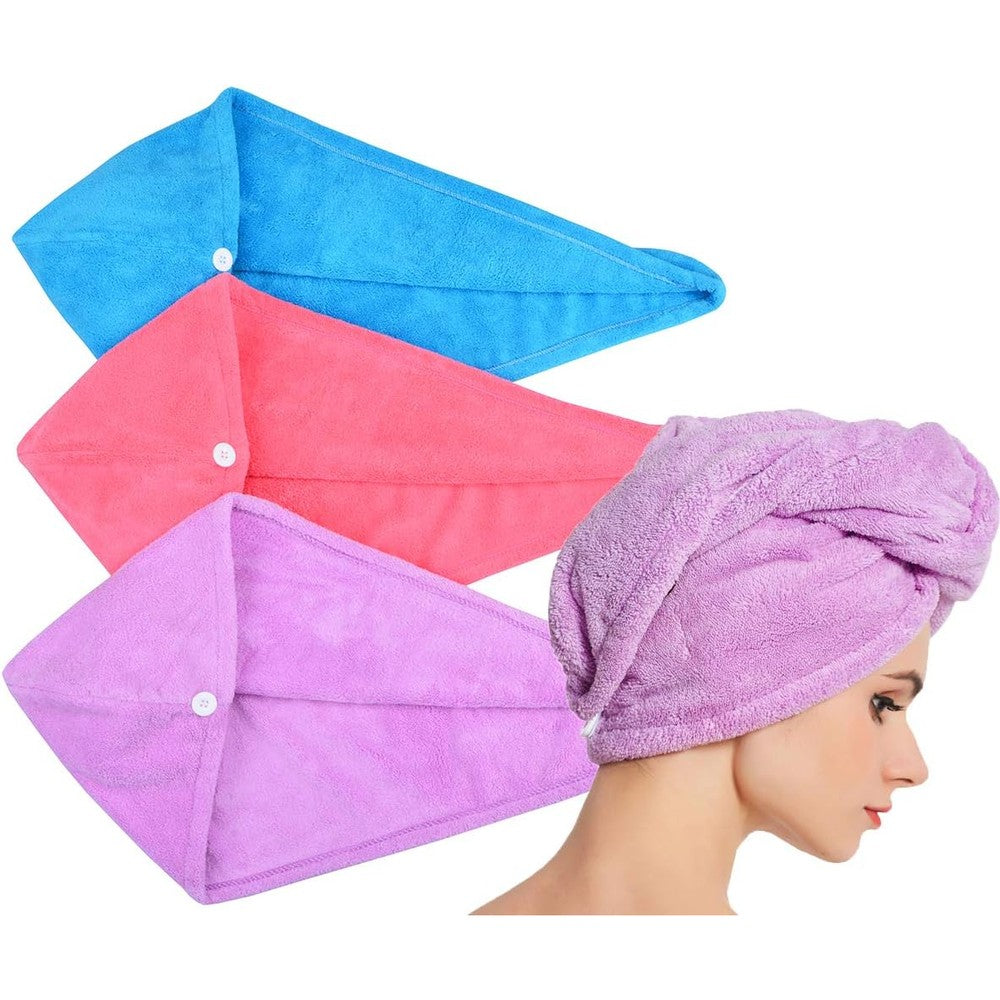 Hopeshine microfiber hair towel twist 3-pack front view showing blue purple and rose red wraps