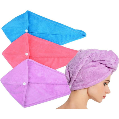 Hopeshine microfiber hair towel twist 3-pack front view showing blue purple and rose red wraps