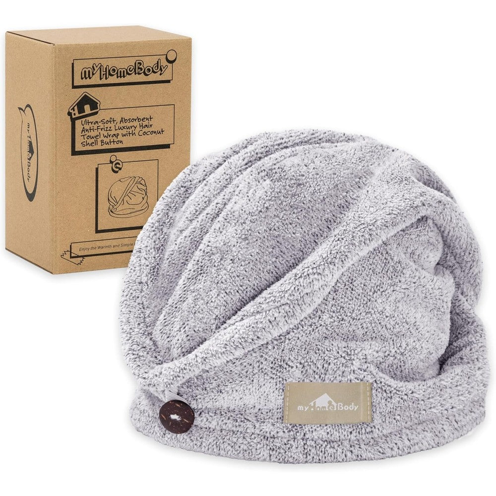 myHomeBody luxury hair towel wrap gray front view