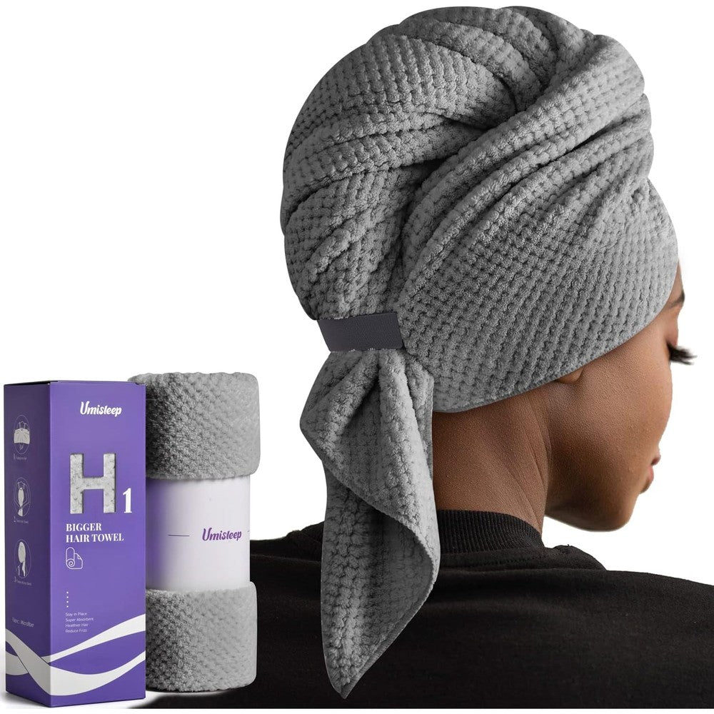 Umisleep extra large microfiber hair towel in grey front view