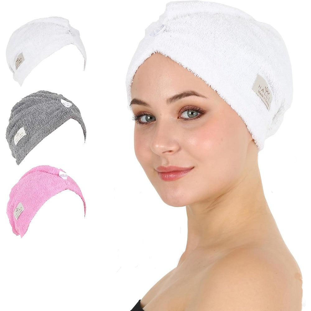HALLEY cotton hair towel wrap front view of packaged three pack in white grey and pink