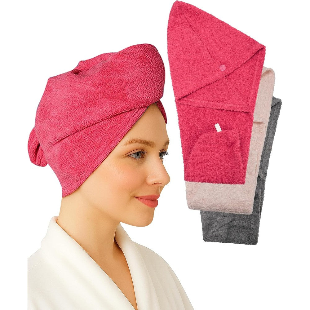 Textila 100% Cotton Hair Wrap Towels in raspberry, pink, and grey set