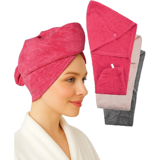 Textila 100% Cotton Hair Wrap Towels in raspberry, pink, and grey set