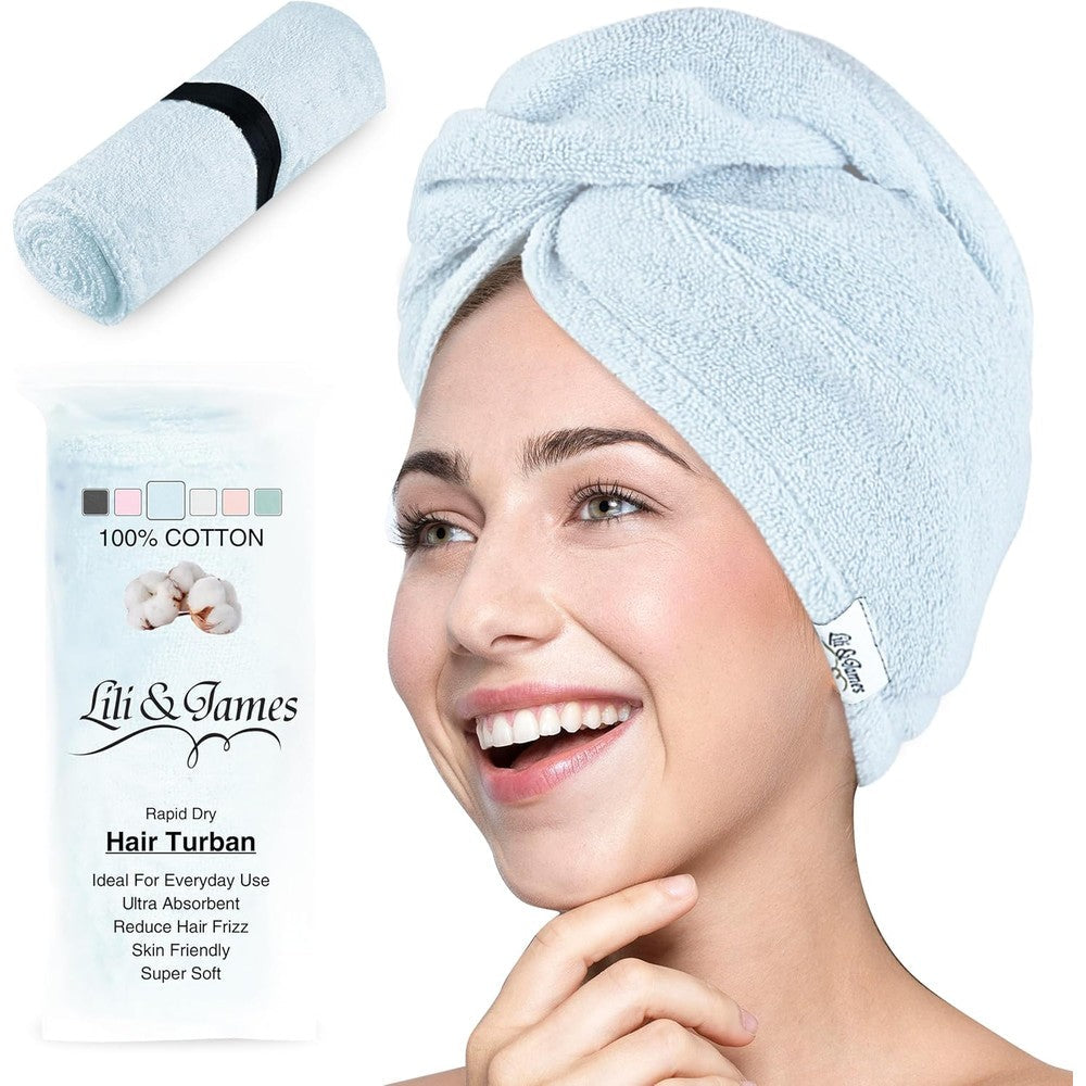 Lili&James 100% Cotton Hair Towel Wrap front view in sky blue color