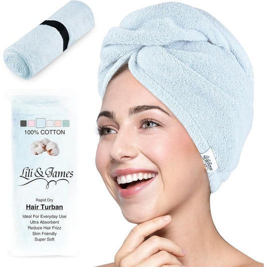 Lili&James 100% Cotton Hair Towel Wrap front view in sky blue color