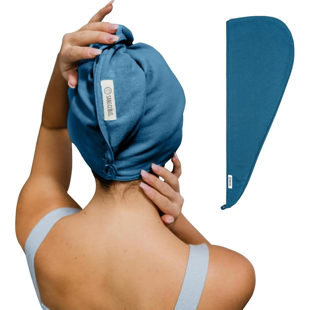 Sand Cloud hair towel wrap front view in Teal Blue and Terra colors