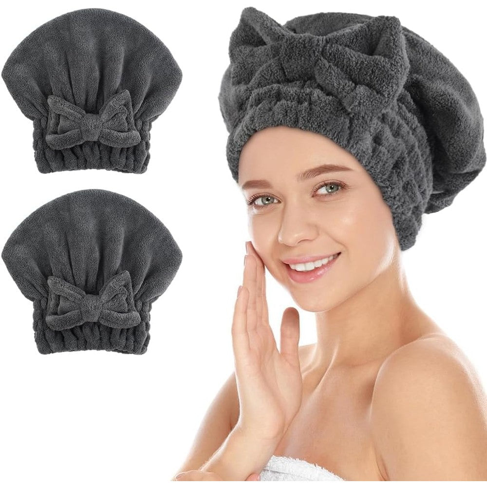 SUNLAND large microfiber hair drying caps front view showing dark grey fabric and decorative bow knot detail