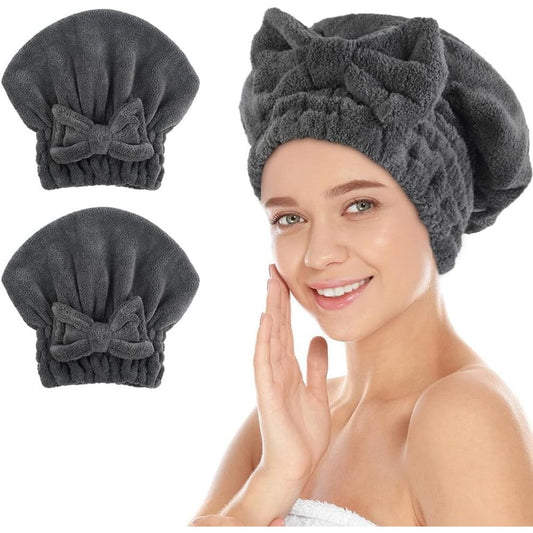 SUNLAND large microfiber hair drying caps front view showing dark grey fabric and decorative bow knot detail