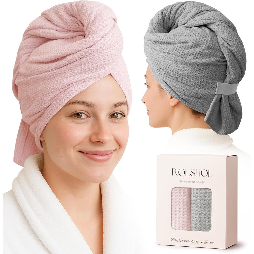 Rolshol microfiber hair towel wrap pink and grey set