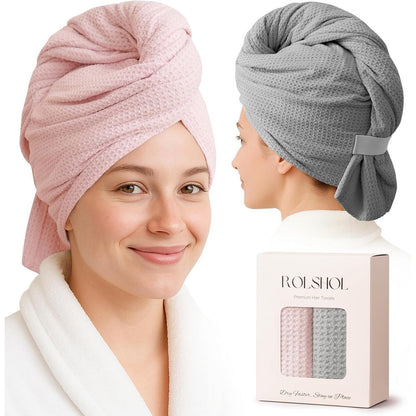 Rolshol microfiber hair towel wrap pink and grey set
