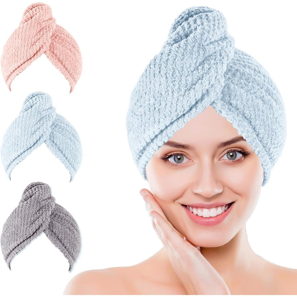 Kldnkig microfiber hair towel 3 pack front view showing premium anti frizz fabric