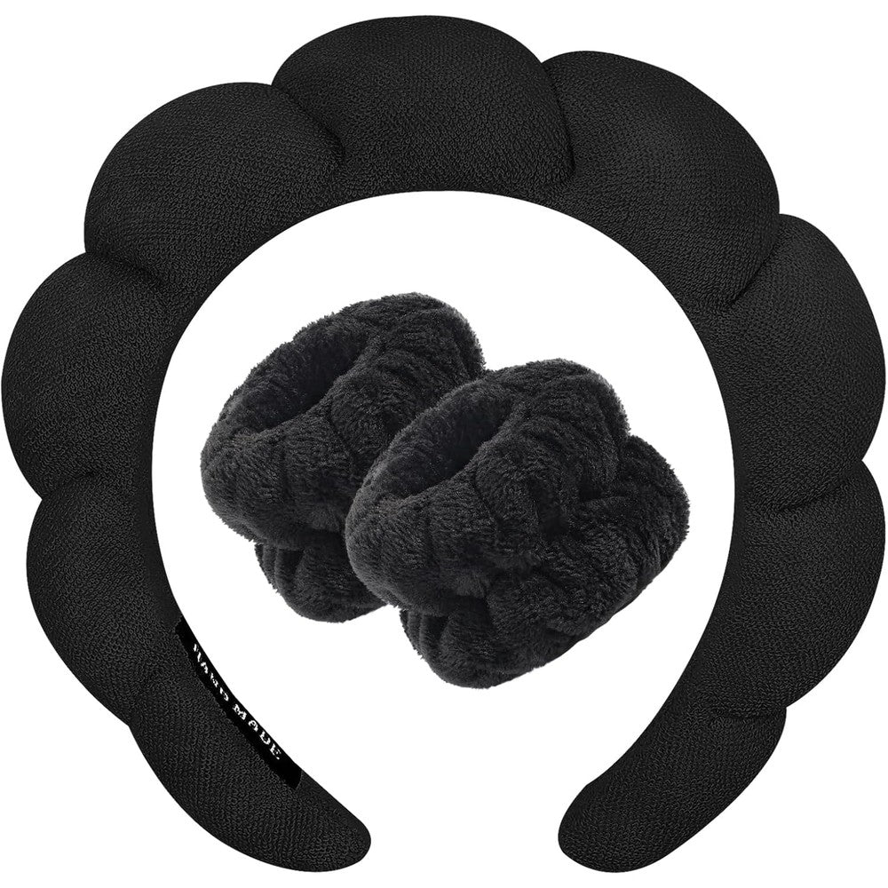 Taleven Zkptops spa headband and wristband set in black front view