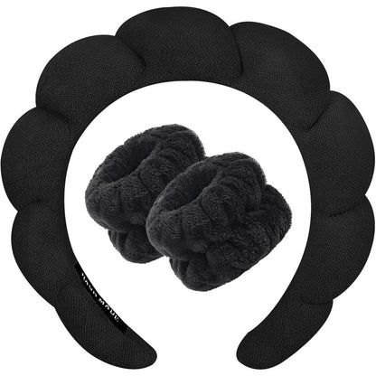 Taleven Zkptops spa headband and wristband set in black front view