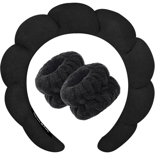 Taleven Zkptops spa headband and wristband set in black front view