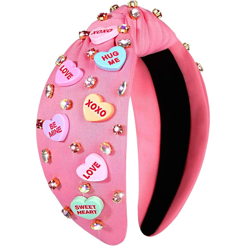 Nvenf pink love heart rhinestone headband front view