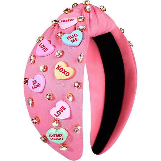 Nvenf pink love heart rhinestone headband front view