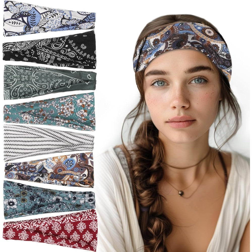 Obeoby 8 pack boho style headbands set front view