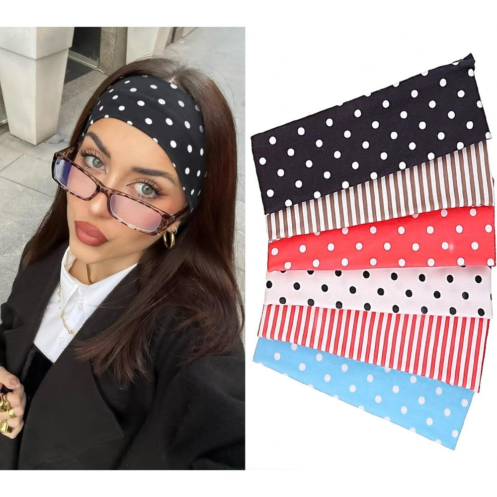 Leeven polka dot and stripe elastic headband 6 pack set