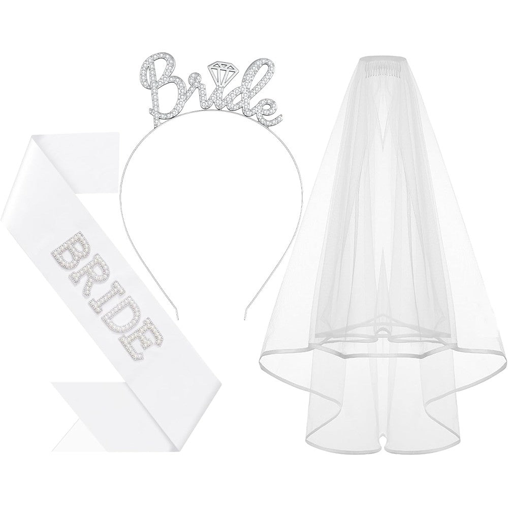 Ziyan 3 piece bride to be headband with sash and veil set front view