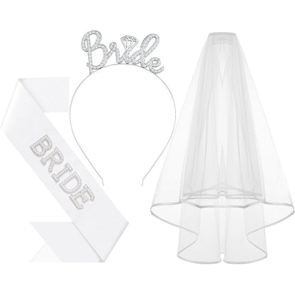 Ziyan 3 piece bride to be headband with sash and veil set front view