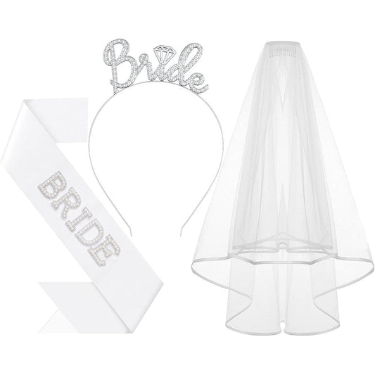 Ziyan 3 piece bride to be headband with sash and veil set front view