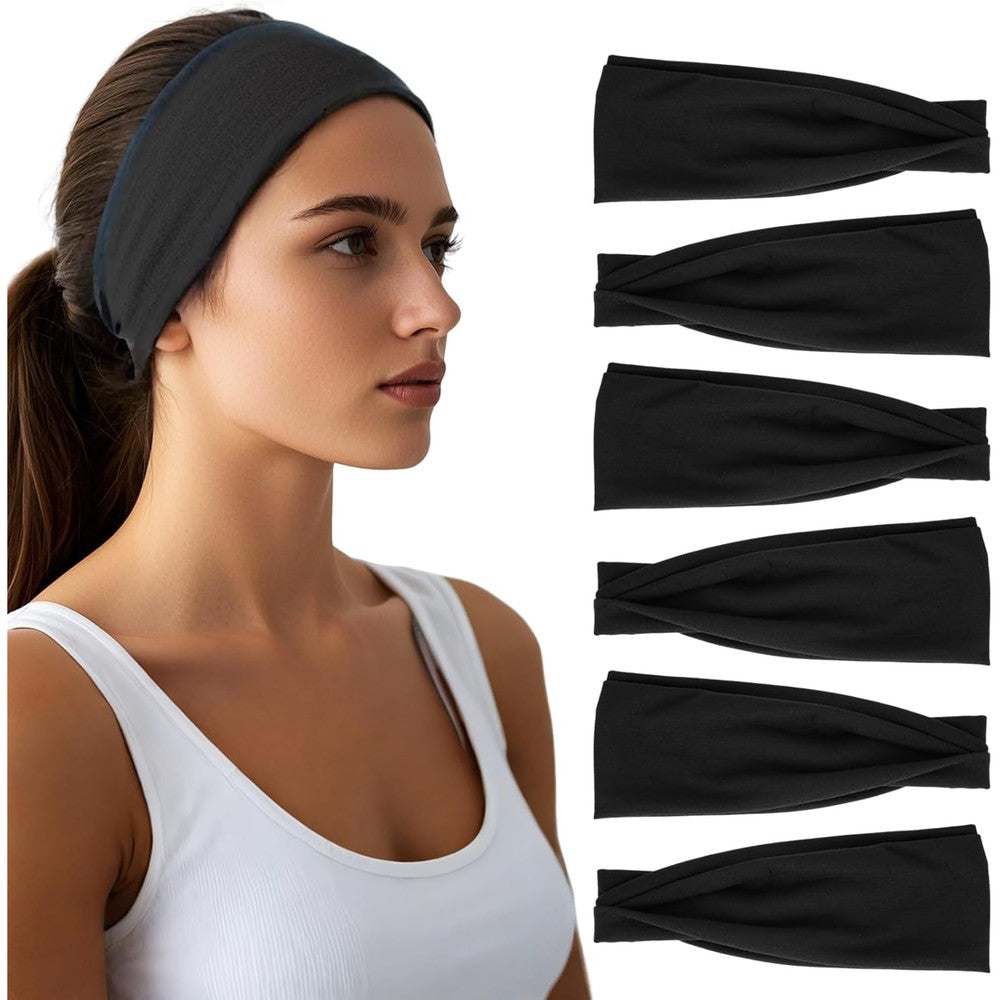 HSEM 6 pack wide elastic moisture wicking headbands black front view
