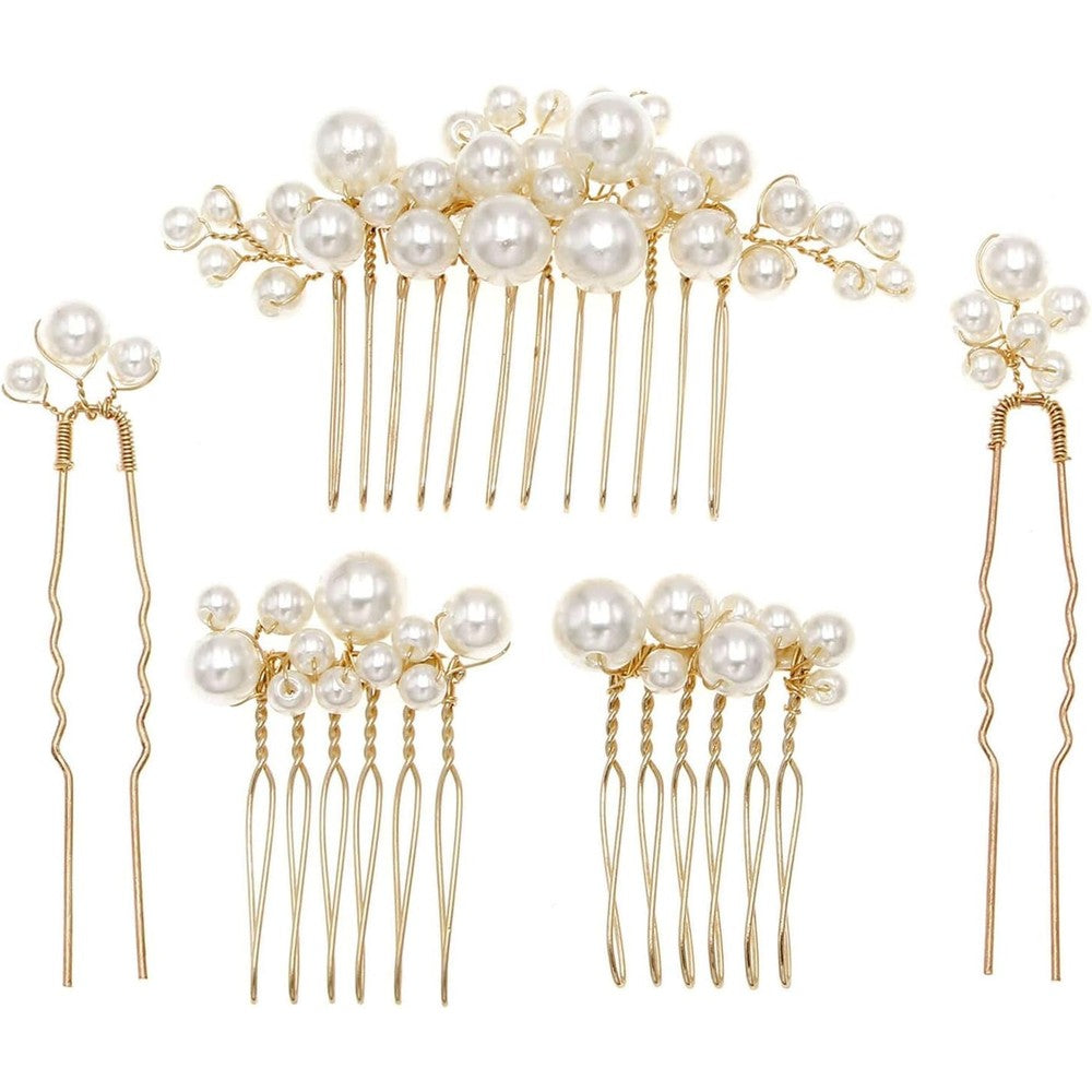 Sppry pearl hair combs and pins set front view on white background