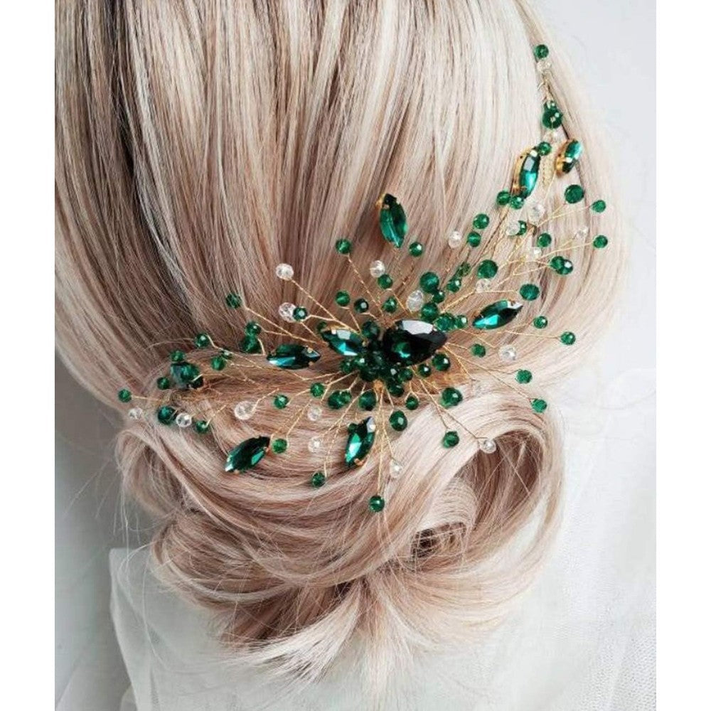 Beryuan bridal teardrop emerald green crystal hair comb front view
