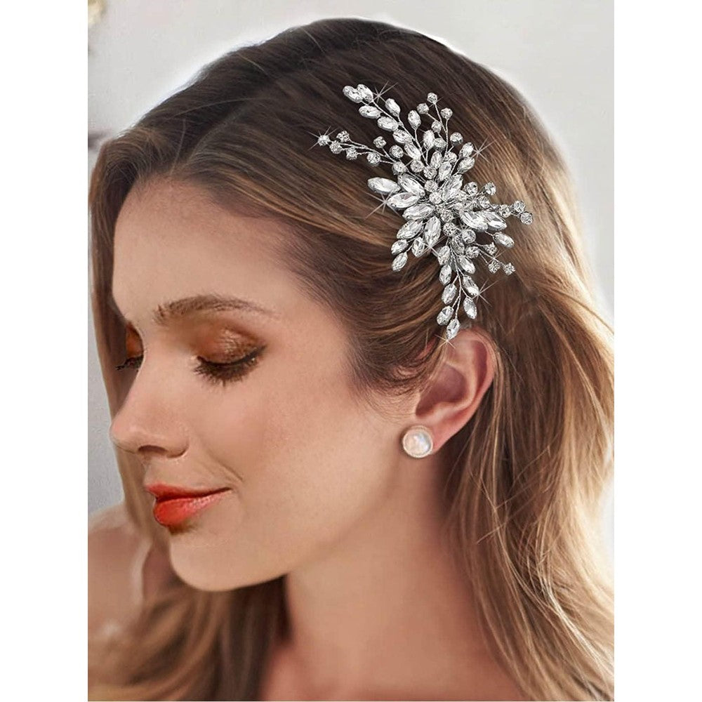 Easedaily silver crystal wedding hair comb front view for brides
