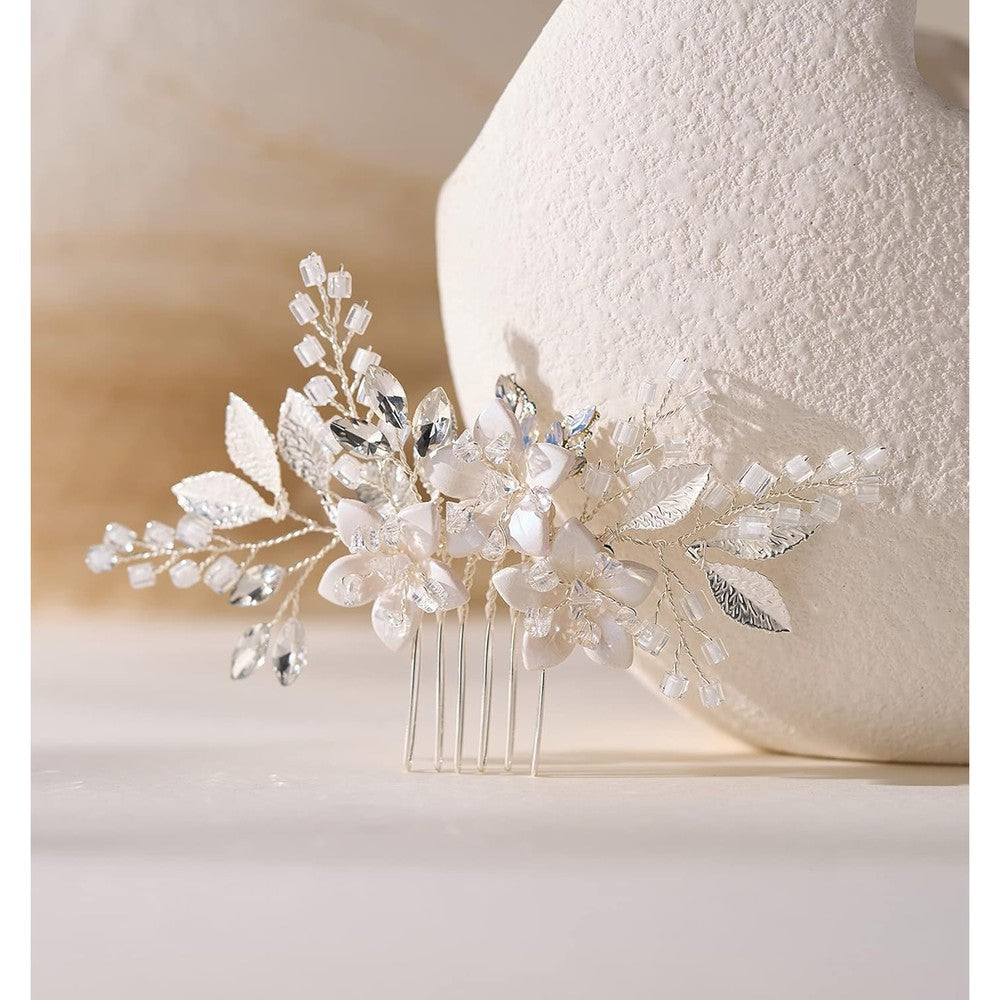SWEETV Wedding Hair Comb Clip front view featuring silver crystal bridal hair accessories.