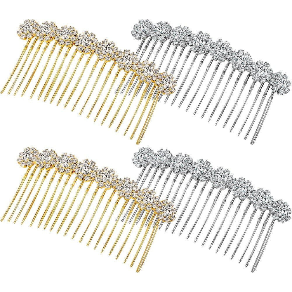 Geosar 4 Pieces Alloy Rhinestone Side Hair Combs front view showcasing crystal flower detailing in silver and gold.
